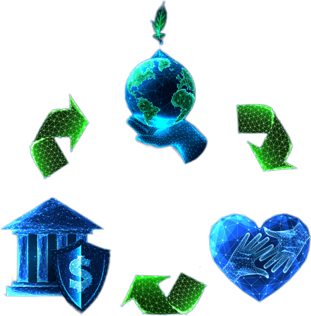 ESG and sustainability image concept with a globe, hands touching within a heart, and a government building and a shield with arrows pointing between these elements to show their cyclical nature